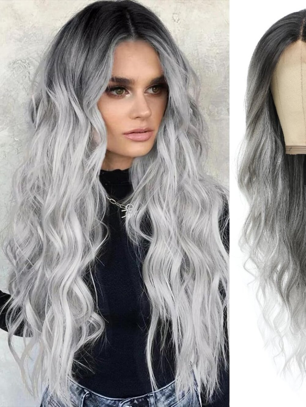 Angzon Long Grey Wavy Wig for Women 26 Inch Ombre Grey Middle Part